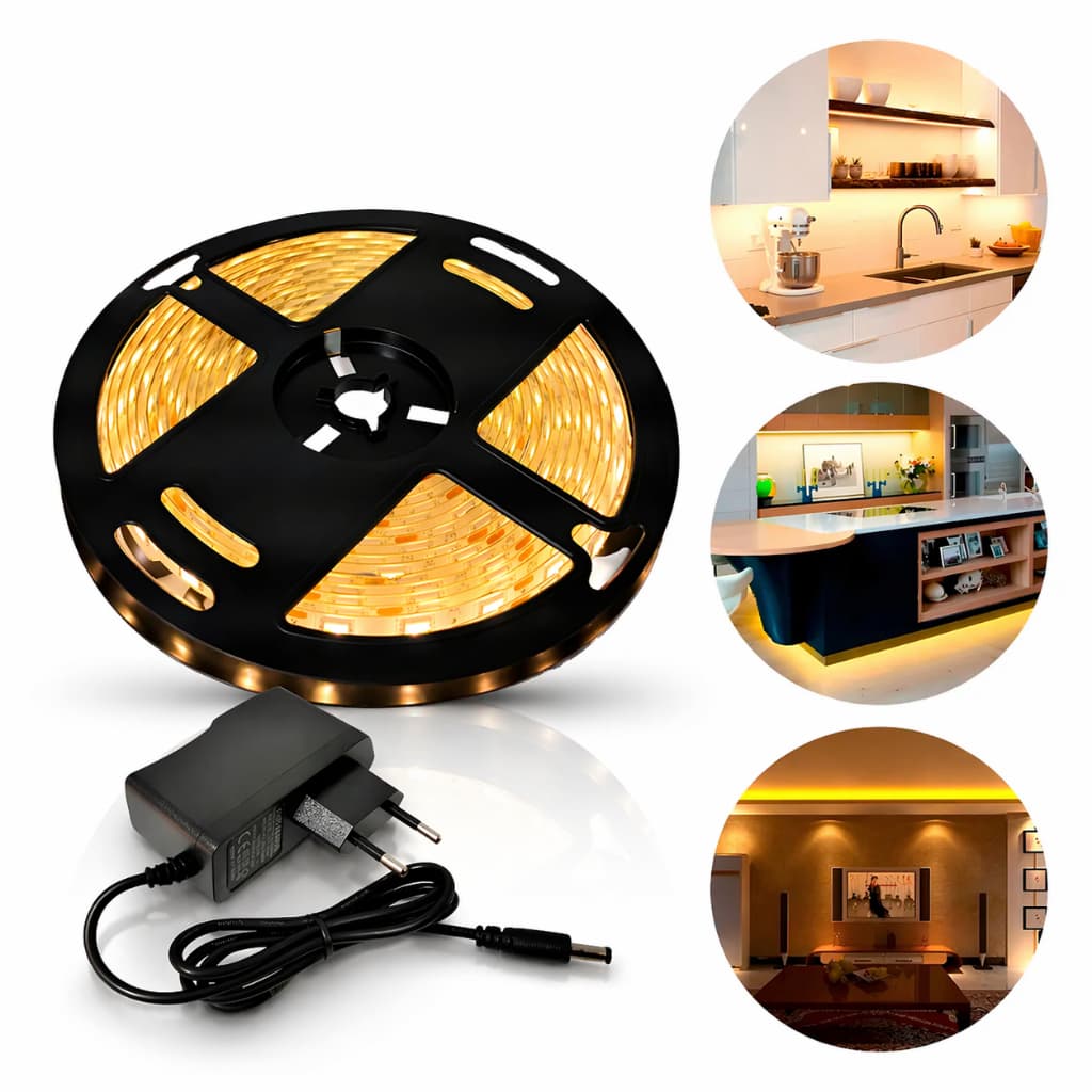 Fita De Led Branco Quente Com 5 Metros 12V Bivolt Resistente A Agua Com Fonte