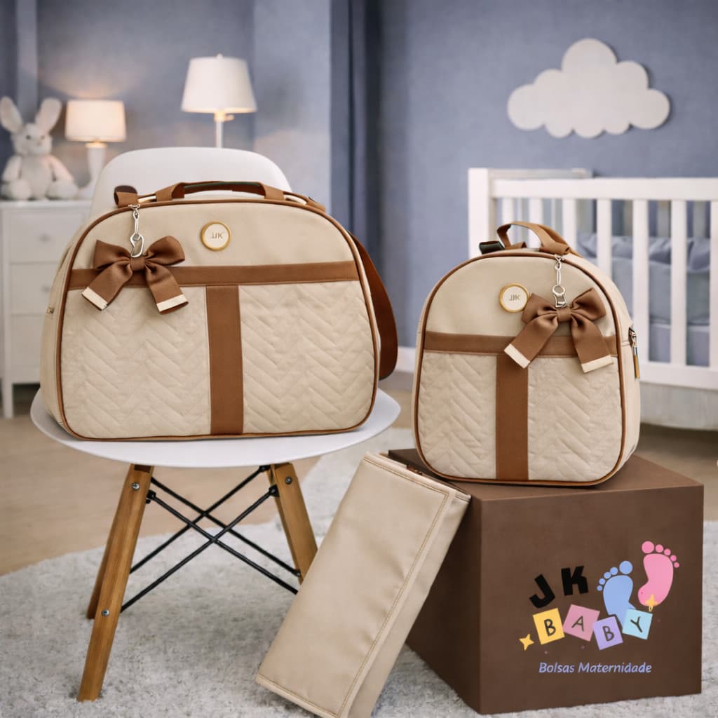 Bolsa Maternidade Grande 3 Peças + Mochila de Bebê Luxo + Trocador Menino Impermeável Enxoval linha Bege