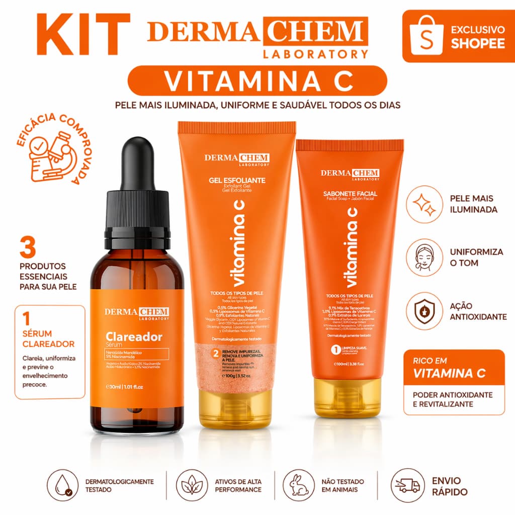 Kit Skin Care Clareador Vitamina C Dermachem Autocuidado Limpeza Facial Sabonete Esfoliante Serum