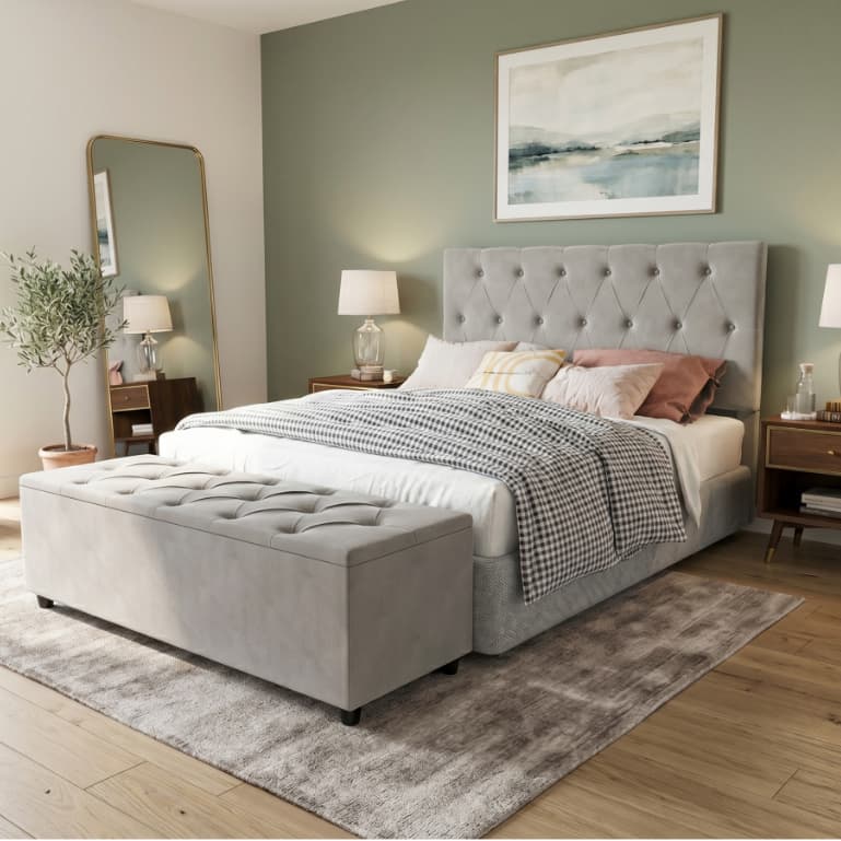 Conjunto Cabeceira Estofada Itália  + Recamier Baú Estofado Casal Queen Luxo