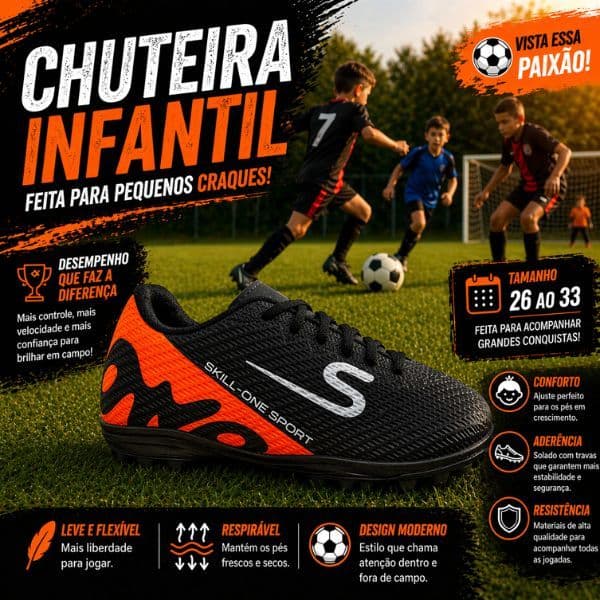 Chuteira Society Infantil Costurada Leve Reforçada Grama Sintética Futebol Kids Envio Imediato Promo