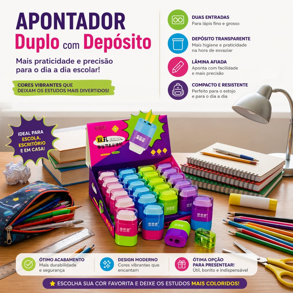 Apontador Escolar com Borracha Apagadora Embutido 2 em 1