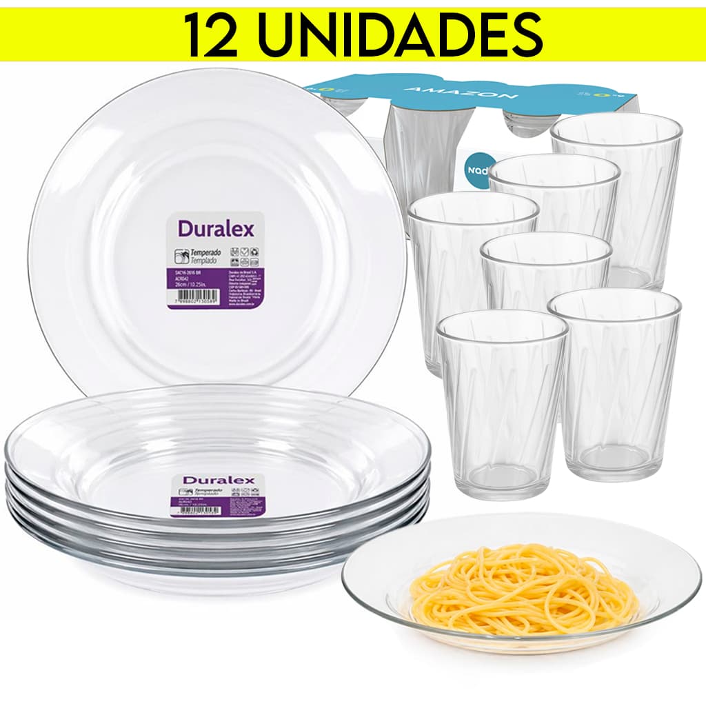 KIT 12 PEÇAS Pratos Copos 6 Prato vidro Astral Duralex Fundo e 6 Copo Amazon 190ml Aparelho de Janta