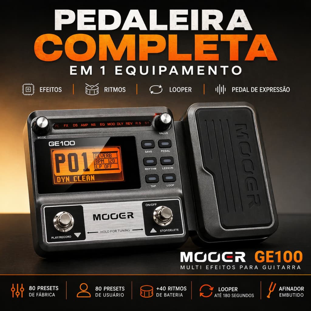 Pedaleira Mooer GE100 Multi Efeitos p/Guitarra com Pedal de Expressão,Looper,Ritmos de Bateria,80 Presets, Afinador