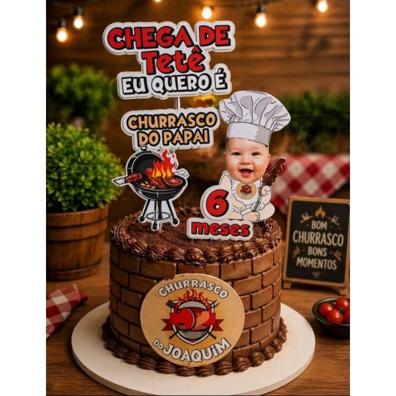 Topo de Bolo Churrasco do Papai Bebê Chef com Foto Mesversário Personalizado Tema Masculino Festa Infantil Topper Bolo