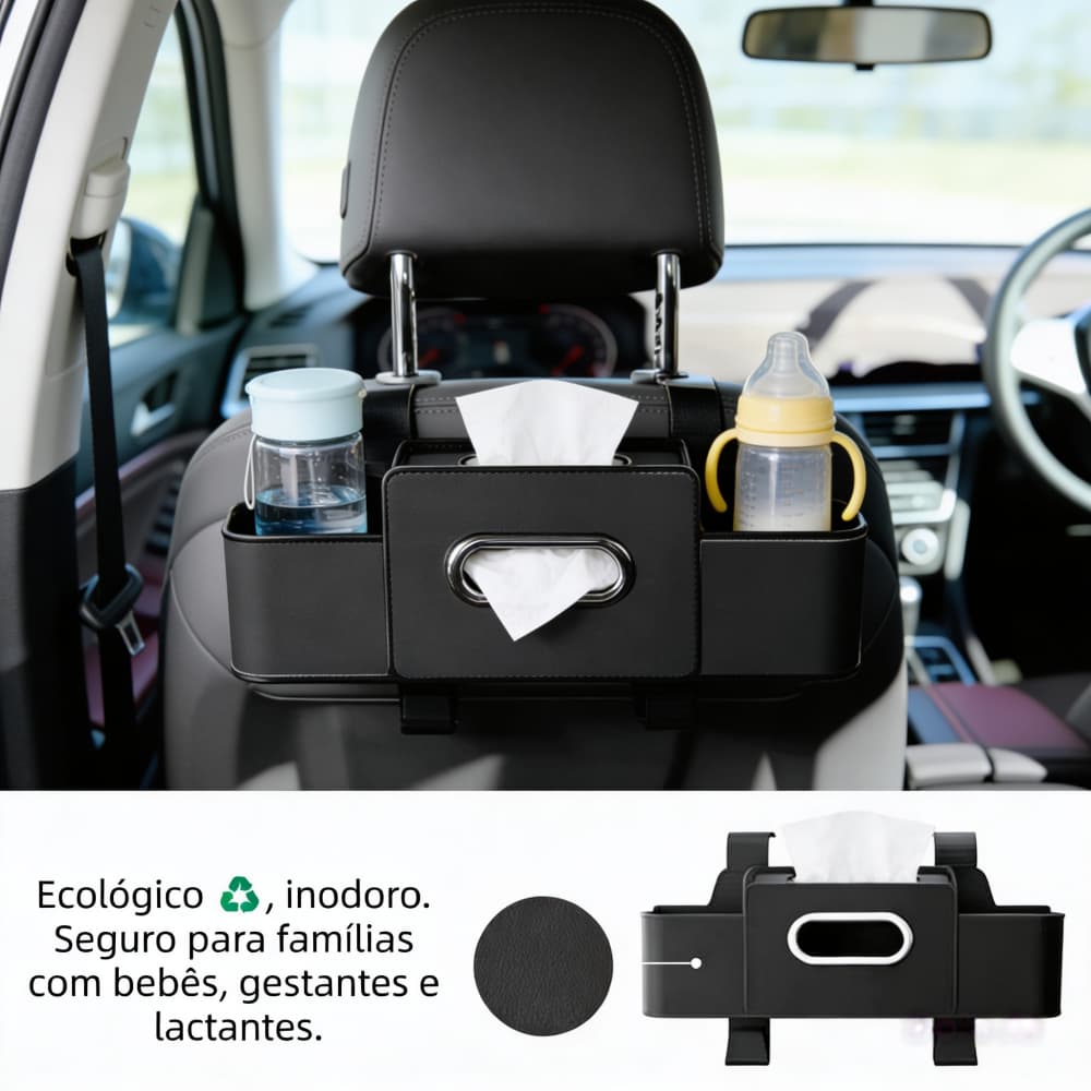 Organizador para banco de carro com suporte para copos, porta-lenços multifuncional e gancho