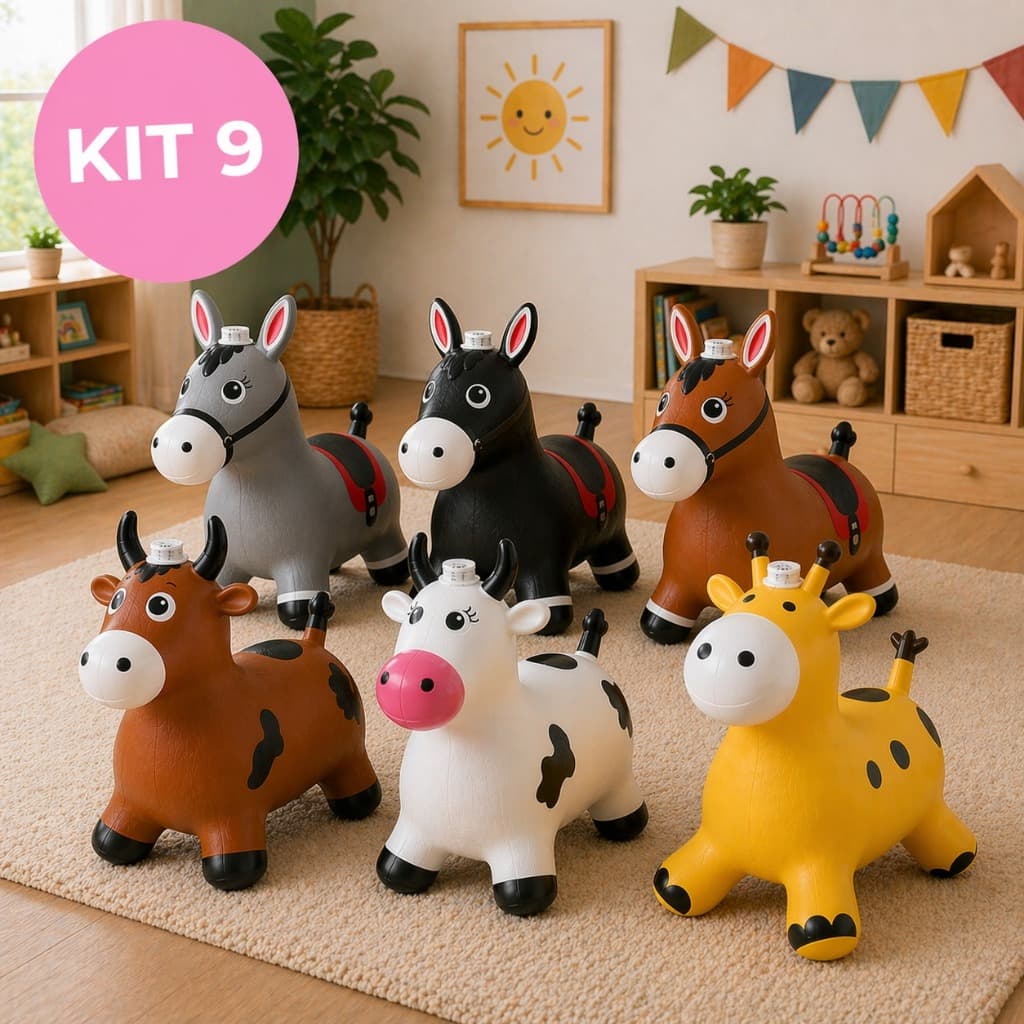 Kit 9 Cavalinhos Upa Upa Infantil Pocotó com Luz e  Som / Pula Pula Inflável  Emborrachado Vaquinha Girafa e Burrinho