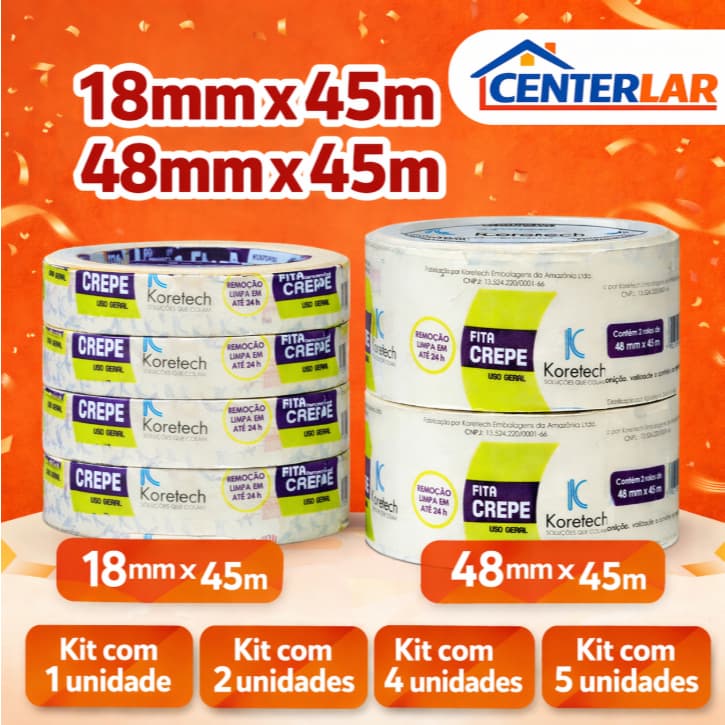 Fita Crepe 48mm x 45m ou 18MMX45M Koretech Uso Geral Pintura Reformas e Proteção Kit 2 Unidades