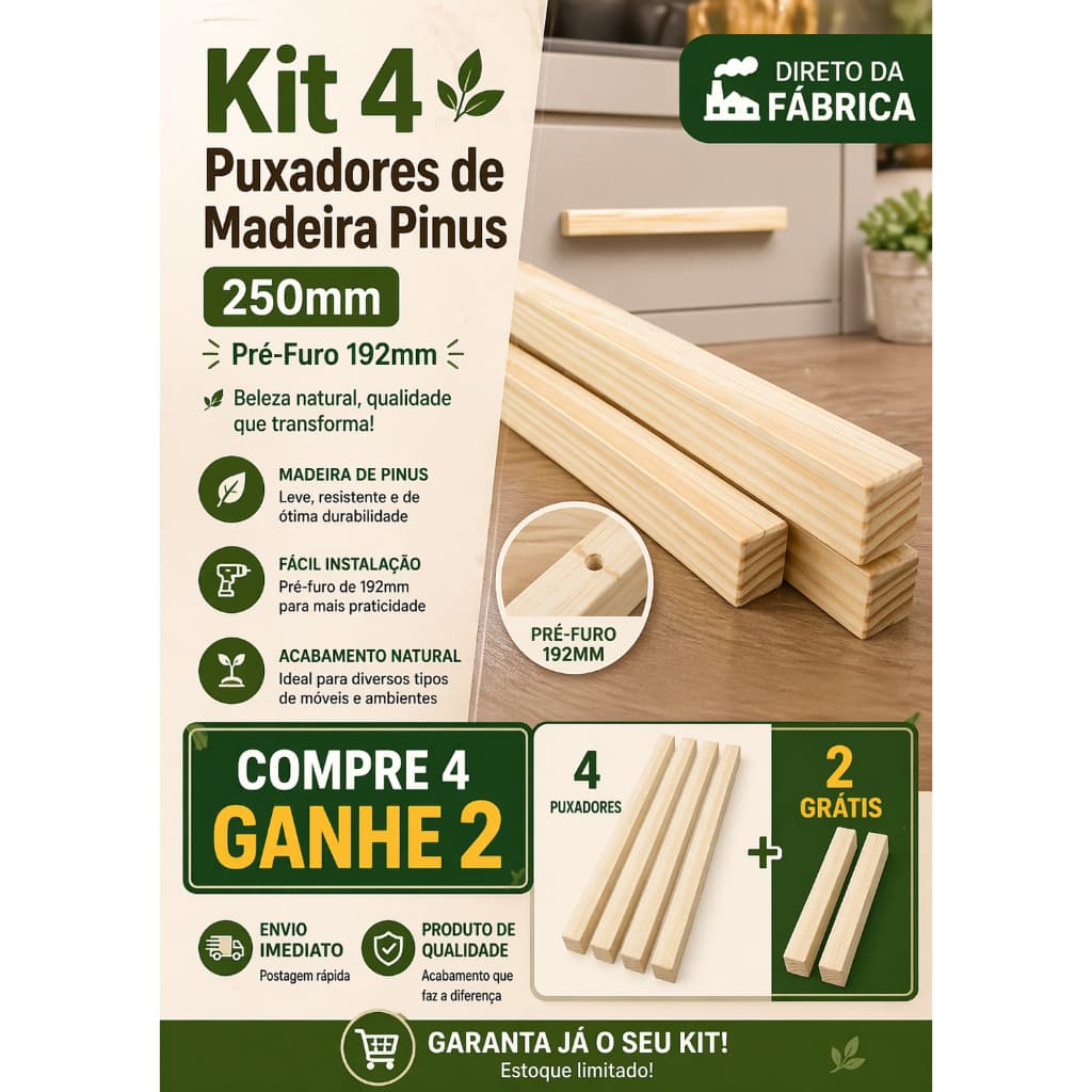 Kit 4 Puxadores Madeira Pinus 250mm + 2 GRÁTIS | Direto da Fábrica | Envio Imediato