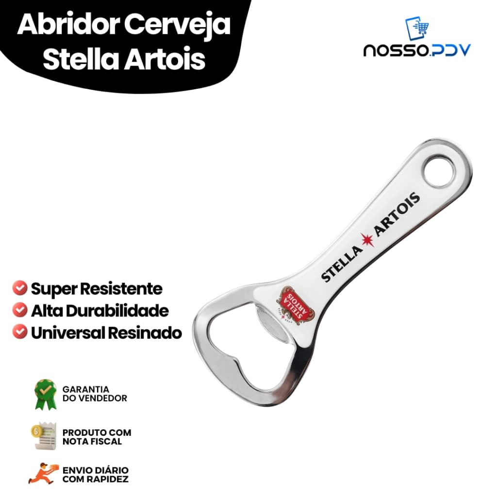 Abridor de Garrafa Stella Artois em Aço Inox 10cm Para Cerveja, Refrigerante, Bar e Cozinha