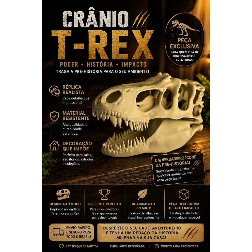 CRÂNIO T-REX DECORATIVO – IMPACTO, ESTILO E HISTÓRIA NA SUA CASA!