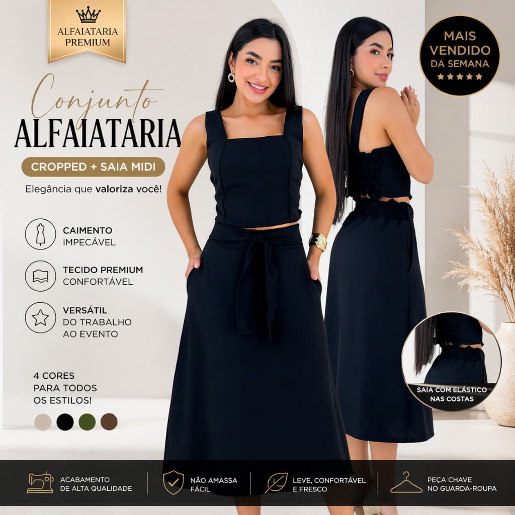 Conjunto Feminino Alfaiataria Elegante Cropped + Saia Midi Cintura Alta Social Casual Moda 2026