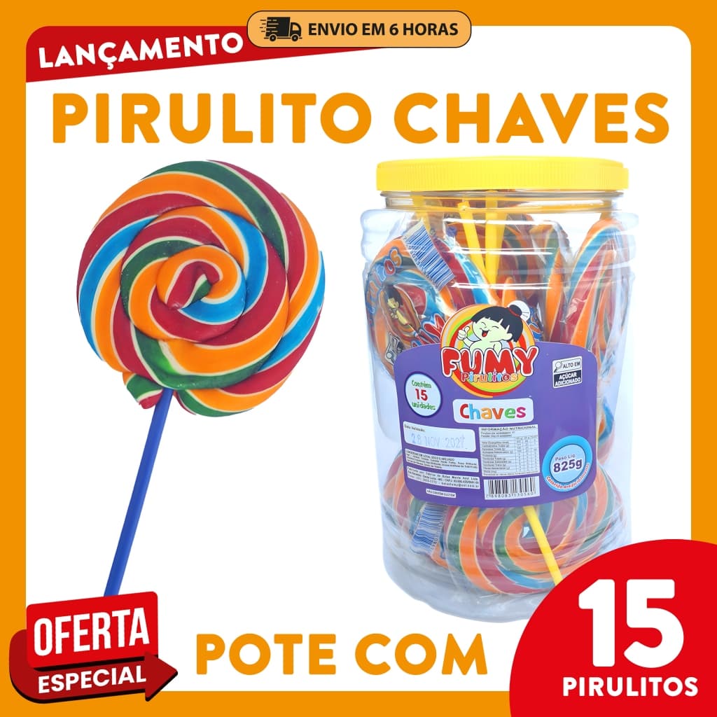 Kit 15 Pirulitos Chaves Fumy – doces para festa infantil, lembrancinhas, aniversários, decoração