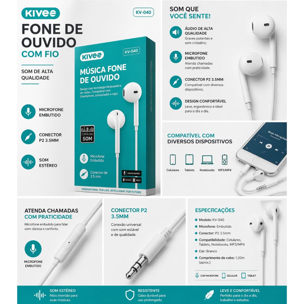 Fone de Ouvido Com Fio P2 3.5mm Kivee KV-040 Com Microfone Som Estéreo