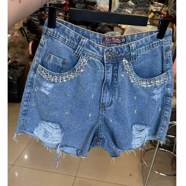 Short Jeans rasgada Feminino de Cintura Alta com Pedras Brilhantes com Strass Short plus size
