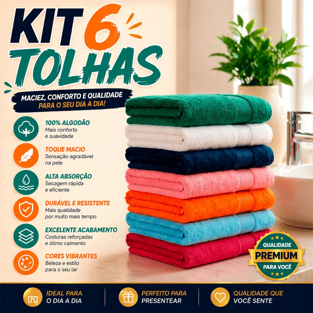 Kit 6 Toalhas de Banho Elleganza Banhão 65x120cm Macia Resistente 100% Algodão Alta Absorção
