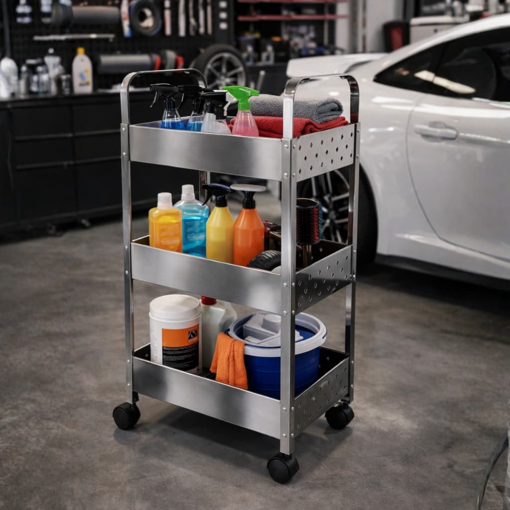 Carrinho Organizador 3 Prateleiras Multiuso Cesto Auxiliar Com Roda E Alça Irsina Estética Automotiva Inox Mak Inox
