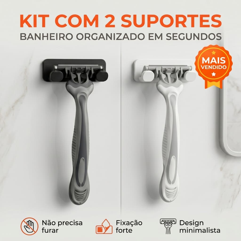 Kit 2 Suporte Barbeador Parede Sem Furo 3M Fixação Forte Organizador Banheiro Clean Moderno Premiums