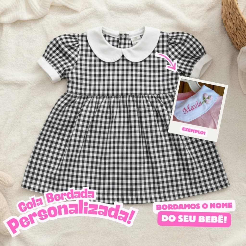 Vestido Bebê Menina Gola Personalizado Nome do Bebê Xadrez 100% Algodão Leve até 12 Meses