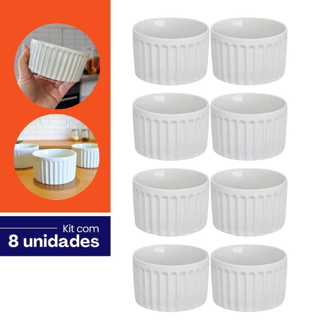 Kit com 8 Ramequim Cumbuca Porcelana Frizado Grande 190ml para Porção, Caldos e Molhos