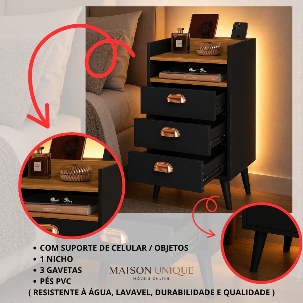 Mesa de Cabeceira Gaveteiro Lateral 3 Gavetas Retrô Com Porta Celular e Puxador Heloisa LANÇAMENTO