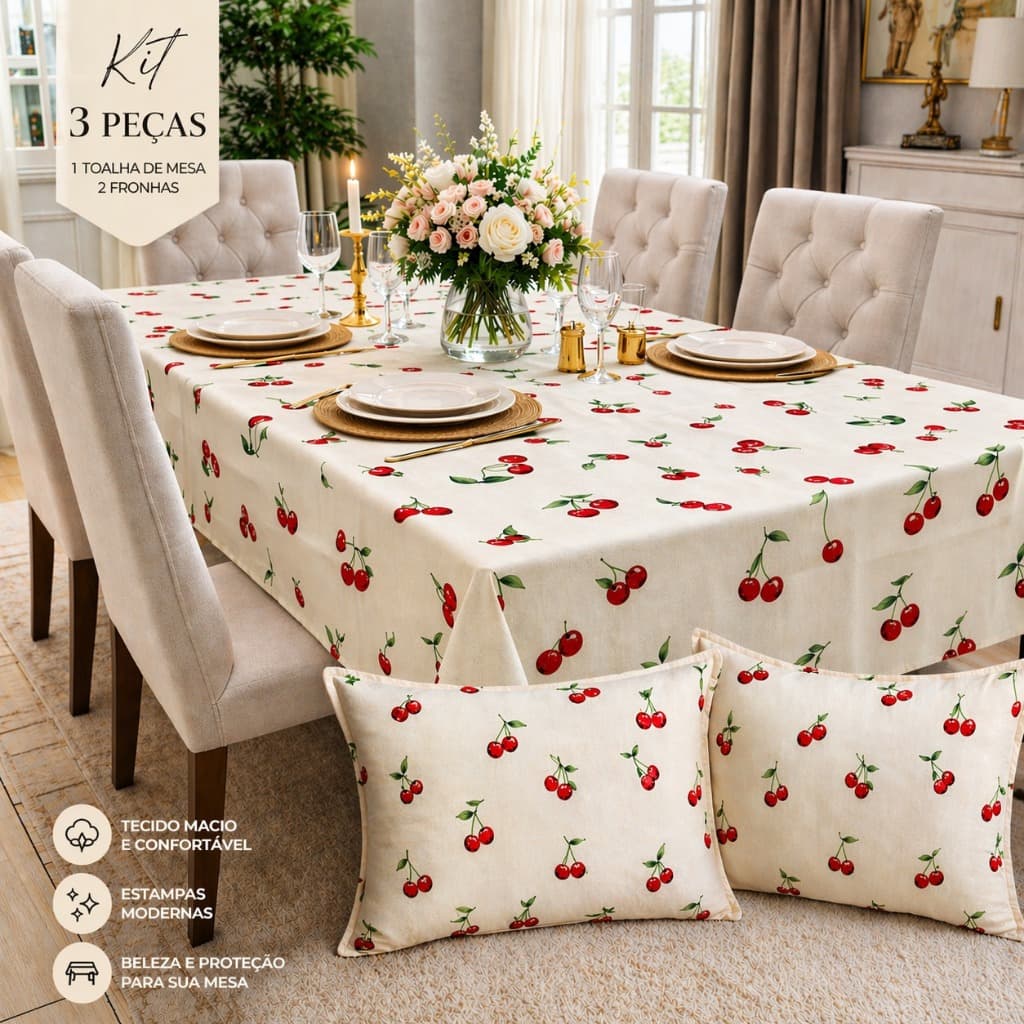 KIT 3 PC TOALHA DE MESA  4 6 8 LUGARES + 2 FRONHAS ZIPER 70 X 50 ALGODAO DECORACAO DE COZINHA QUARTO