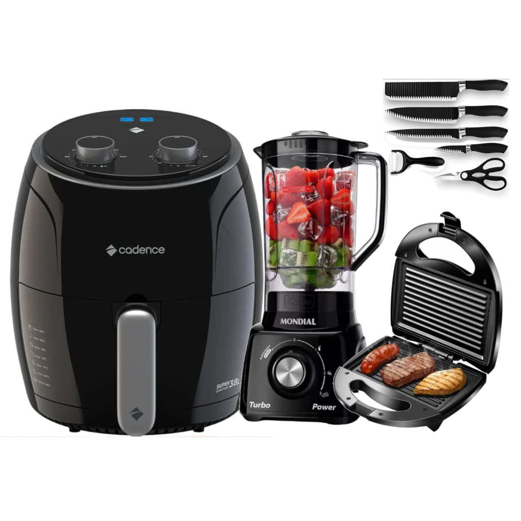 Sanduicheira Misteira 750W + Fritadeira Airfryer + Liquidificador Mundial Preto 110V / 127V