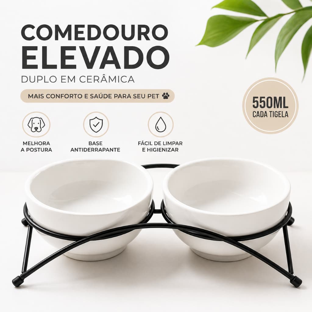 Comedouro Elevado Pet Duplo 550ml Cerâmica Antiderrapante Cães e Gatos