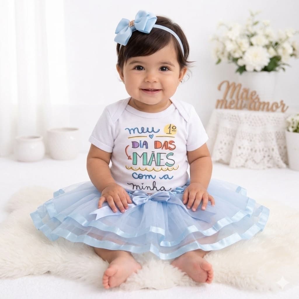 Body Bebê Dia das Mães + Saia Tutu Luxo Azul Roupa Infantil Feminina Temático
