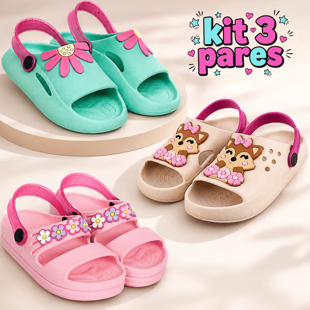 Kit 3 Pares Sandália Papete Infantil Menina Leve