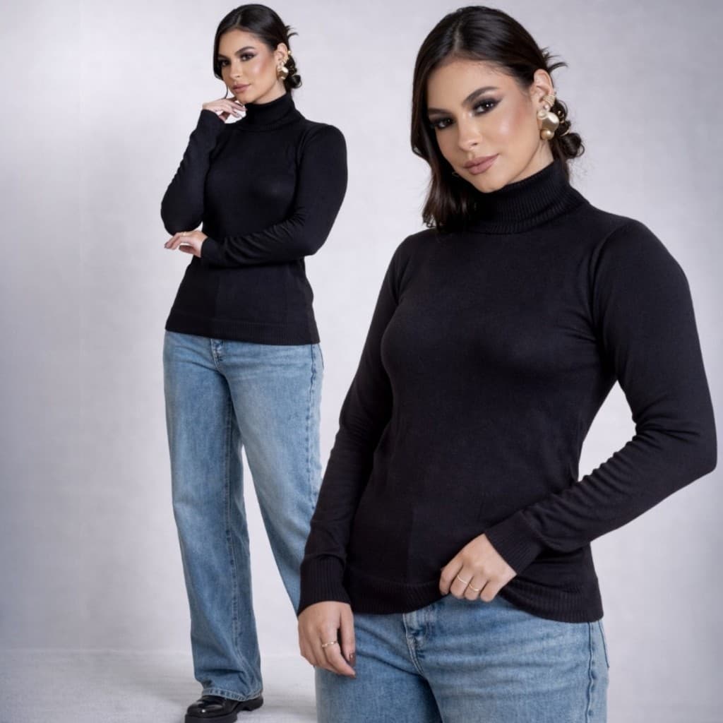 Blusa de Frio Feminina Gola Alta Cacharrel Tricot Manga Longa Canelada Inverno Quentinha Básica