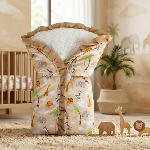 Porta Bebê Saco Dormir Sherpa Algodão Estampado Safari Palha