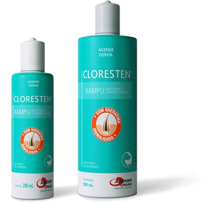 Xampu Cloresten 200ml/500ml – Agener União | Antisséptico e Dermatológico para Cães e Gatos