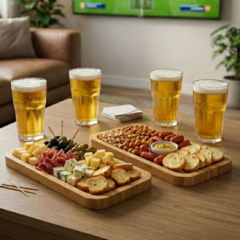 Kit Copa em Casa 2 Petisqueiras Bandeja Bambu Natural + 12 Copos de Vidro Torcida Seleção Brasileira