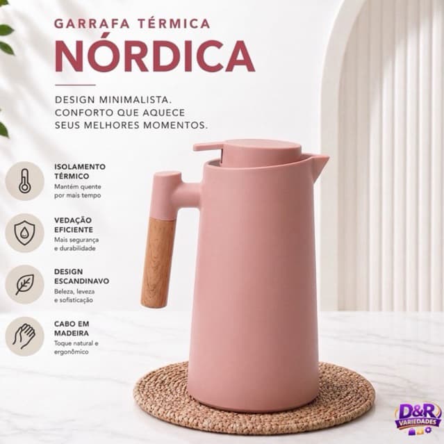 Garrafa Térmica de Café Nórdica Rosa| Quente e Frio| Cabo em Madeira | Design Moderno
