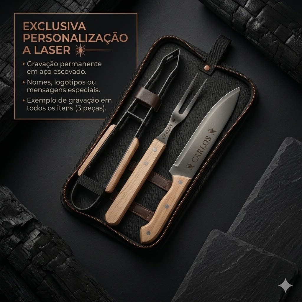 Brinde Corporativo Premium: Kit Churrasco Personalizado Laser 3 Peças + Estojo