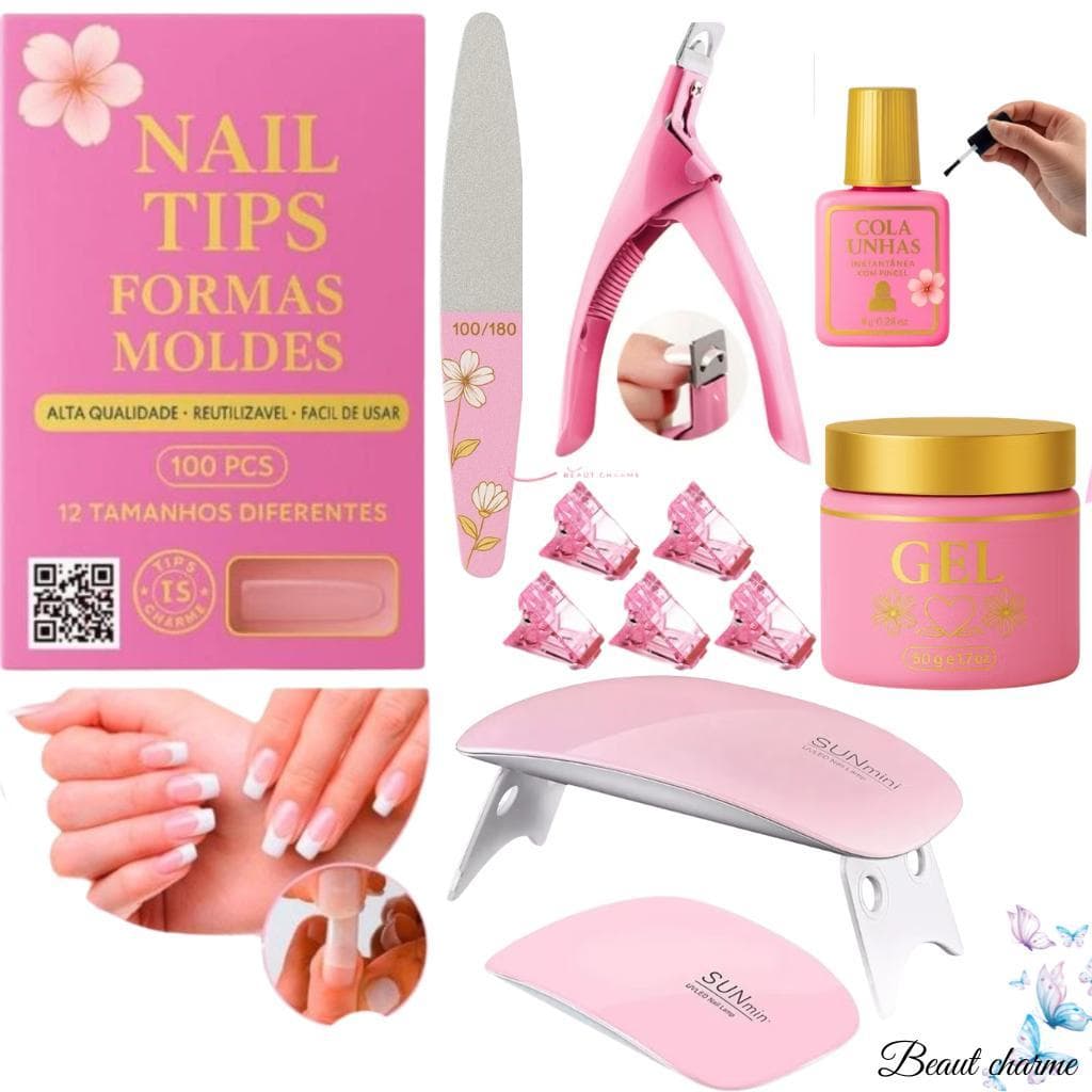 Kit para Manicure Alongamento De Unhas Cabine Presilhas Cola Pincel Lixa Gel Alicate