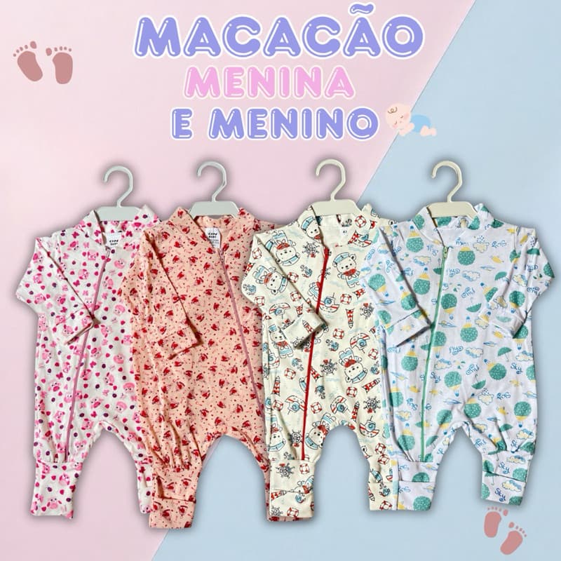 Macacão Bebê De Zíper Menino e Menina Vira Pé 100% Algodão 0 á 4 meses