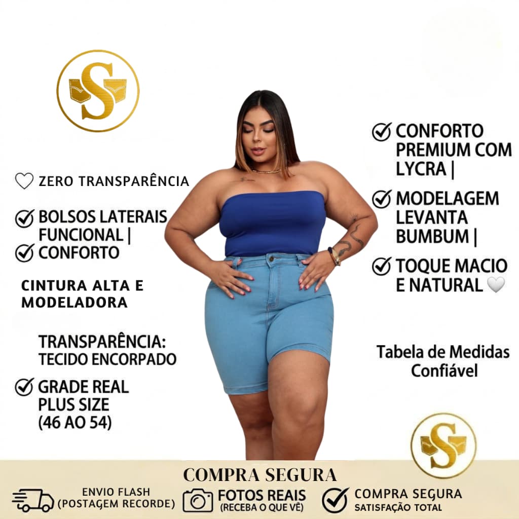 Shorts Jeans Plus Size Meia Coxa Com Lycra Cintura Alta com Elastano Premium 46 ao 54 Azul Claro