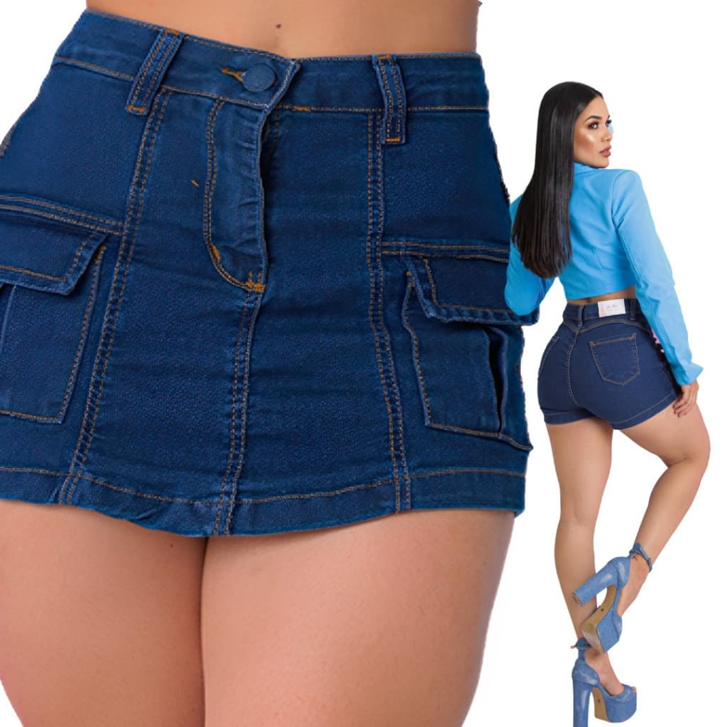 Short Saia Jeans Feminina Cintura Alta Levanta Bumbum Original Com Elastano
