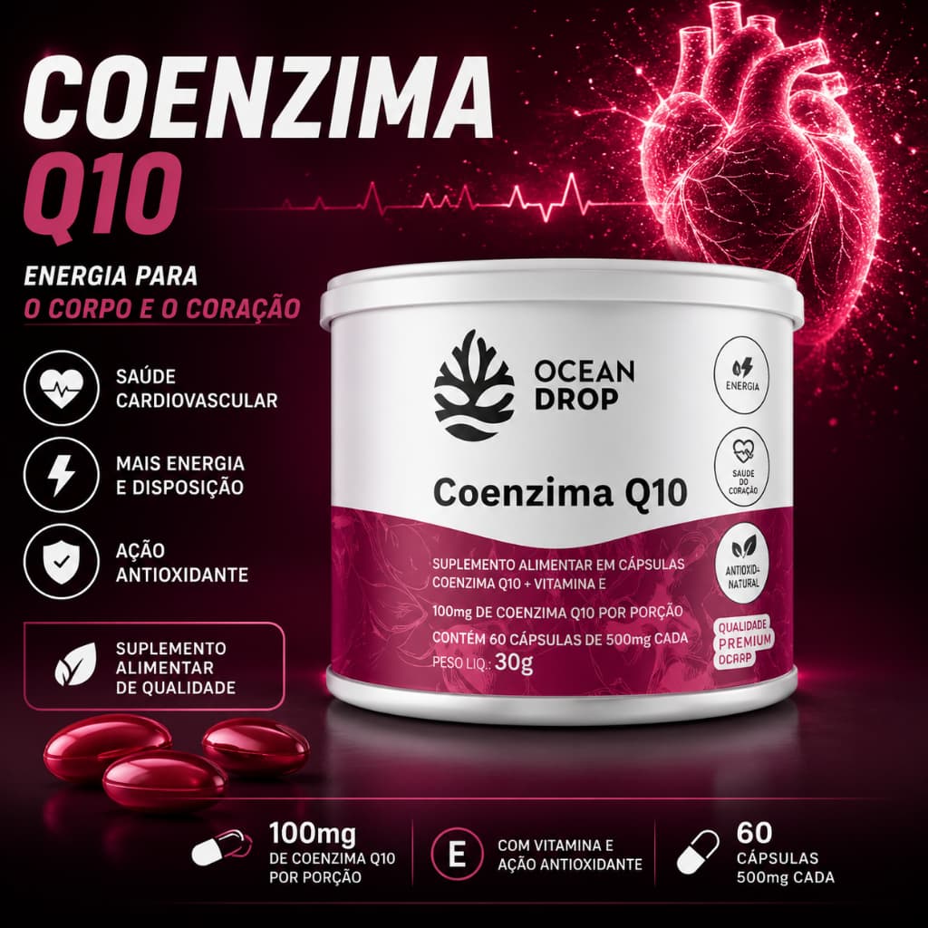 Coenzima Q10 100mg Ocean Drop 60 Cápsulas + Vitamina E Energia Antioxidante Saúde do Coração