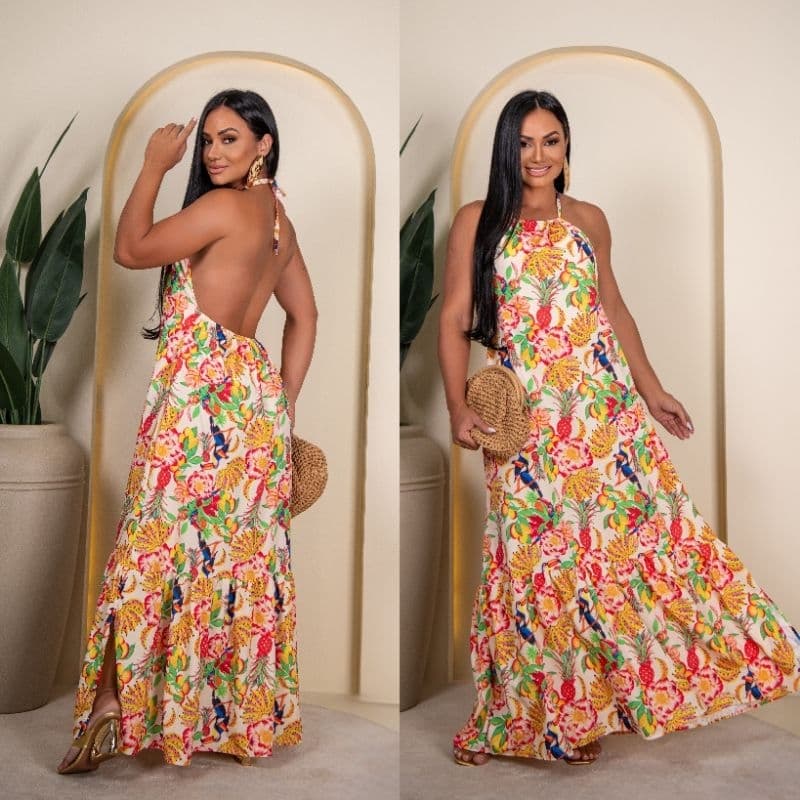 Vestido longo amarração no pescoço moda feminina blogueira 38 ao 44 verão tropical tucano mãe mulher