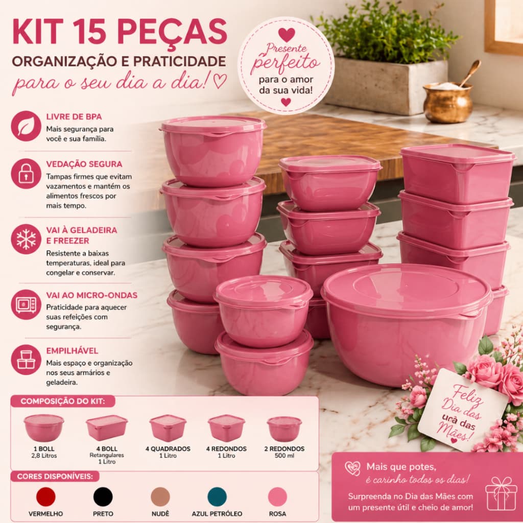 Kit 15 Potes Bacia Vasilhas Variados Para Cozinha Frezer Geladeira Micro-ondas Armario