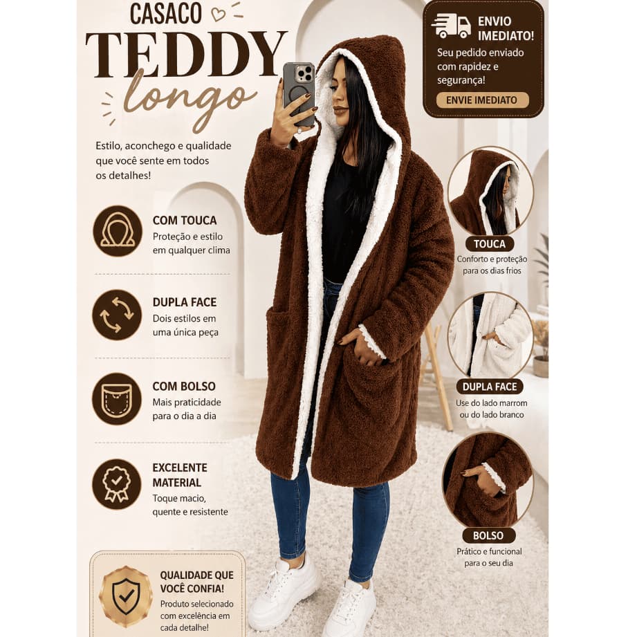 Casaco Feminino Teddy longo Peludo Dupla Face Capuz Manga Longa (COLEÇÃO NOVA)