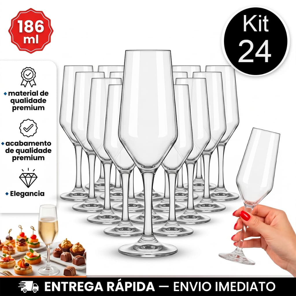 Conjunto Jogo de  24 Taças Champagne 186ml Nadir Figueiredo vidro transparente qualidade premium