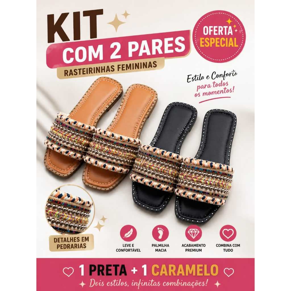 Kit Com 2 Pares De Rasteirinhas Femininas Sandália Rasteira Feminina Confortável Luxo Estilo