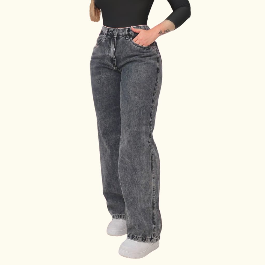 Calça Wide Leg Jeans Grafite Feminina Pantalona 100% Algodão Cintura Alta Streetwear
