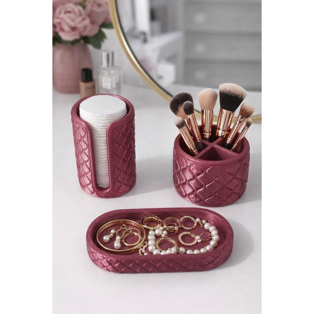 Kit Organizador de Maquiagem Luxo 3 Peças Porta Pincéis + Porta Algodão + Bandeja Decorativa Premium