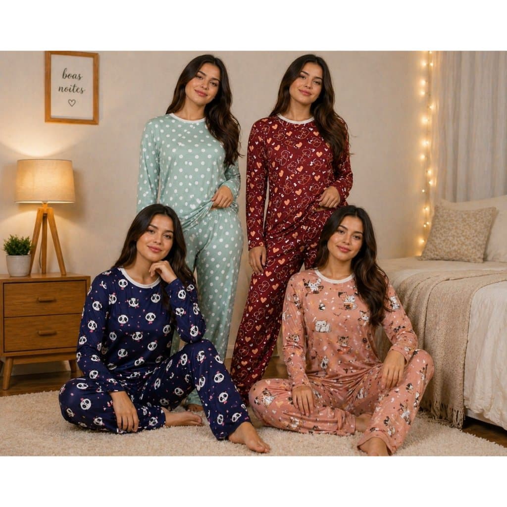 Pijama Feminino Ultra Suede Conforto Para Dormir em Noites Frias Ideal Para o Dia a Dia Tecido Macio