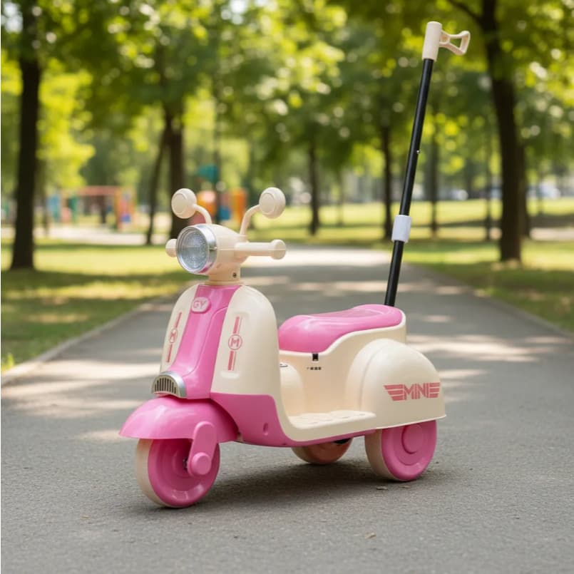 Moto Elétrica Infantil Rosa Com Empurrador Som Luz 6v